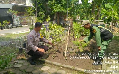 Dukung Ketahanan Pangan, Bhabinkamtibmas  Jajar Bersama Linmas Cek Perkembangan Tanaman di KWT Jajar Berseri