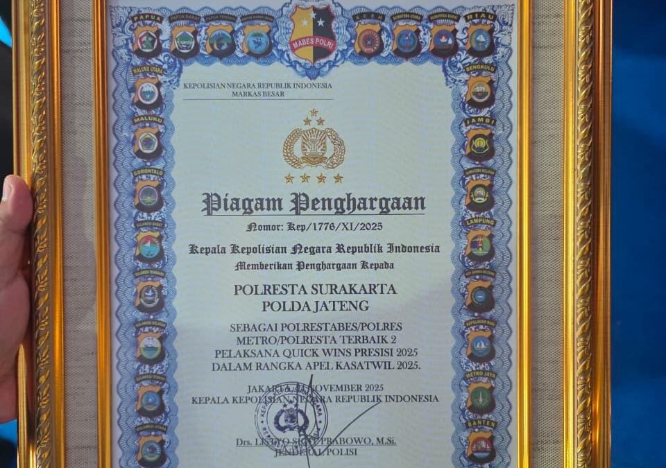 Polresta Surakarta Raih Penghargaan Bergengsi Tingkat Nasional, Terbaik Dua Quick Wins Presisi di Apel Kasatwil Polri 2025